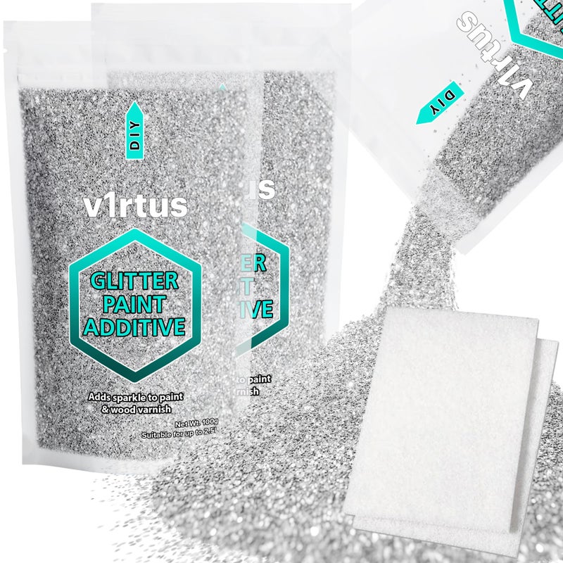 v1rtus Silver Glitter Paint Additive 200g (7oz) with 2 x Buffing Pads | Sparkle Glitter for Wall Paint, Interior Exterior, Paint Additive - Image 1